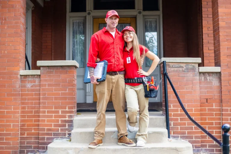 Two home service technicians in matching red shirts standing on front porch steps.