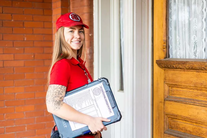 Smiling female HVAC technician with a clipboard standing at a client's front door.