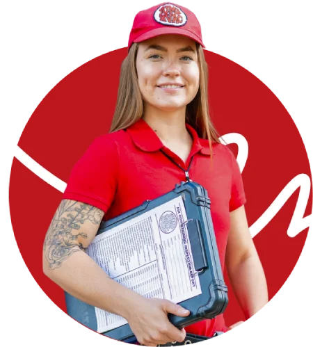 Smiling female home service technician holding a clipboard against a circular red logo background.