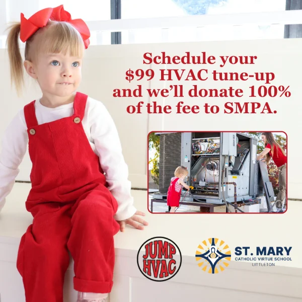 Promotional ad with a toddler in red overalls offering a 99 dollar HVAC tune-up donating 100 percent to SMPA.