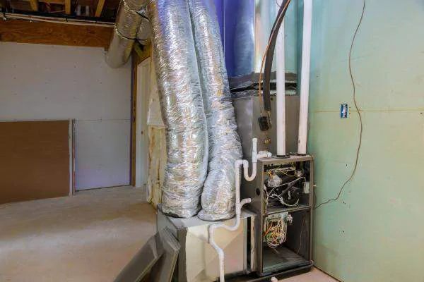 Open residential HVAC furnace unit with flexible silver insulation ducting in a basement.
