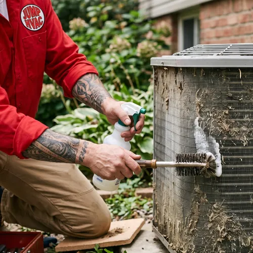 HVAC technician spraying foam cleaner and brushing dirty coils on an outdoor AC unit.