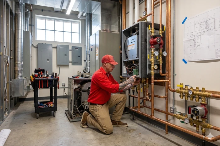 HVAC technician installing a wall-mounted commercial heating system panel.