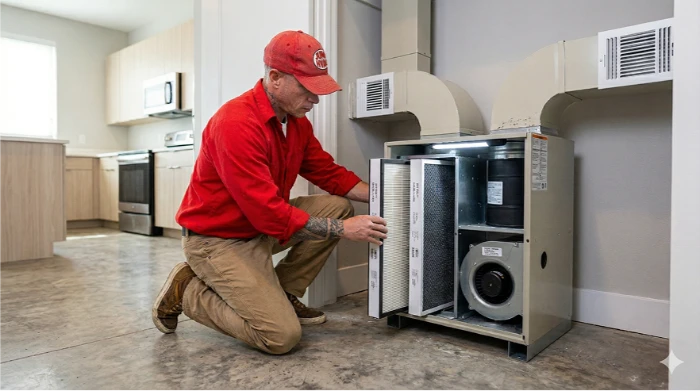 HVAC technician servicing a whole-house air filtration or ventilation system.