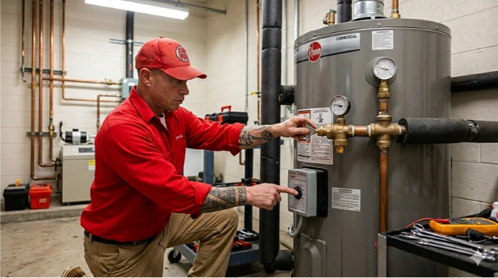 Plumbing technician adjusting a pressure valve on a residential water heating system.