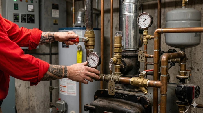 Technician adjusting a pressure gauge on a residential boiler system.