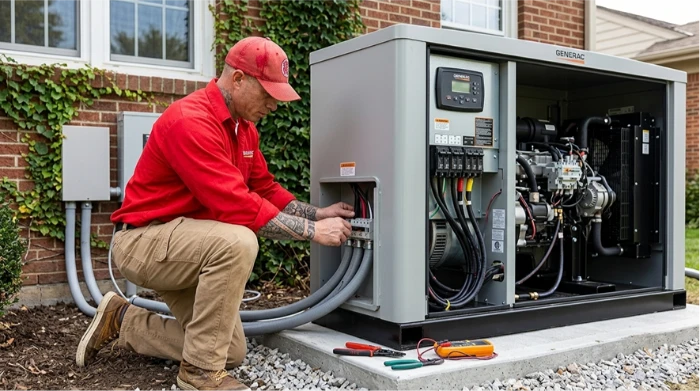 Field technician kneeling down to route heavy gray conduits into a large outdoor commercial generator.