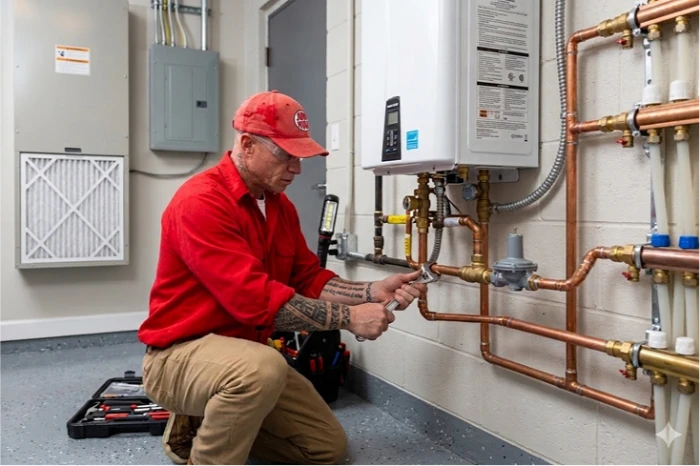 HVAC technician adjusting a pressure gauge on a hydronic radiant floor heating boiler.