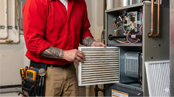 HVAC technician replacing a dirty air filter in a home furnace.