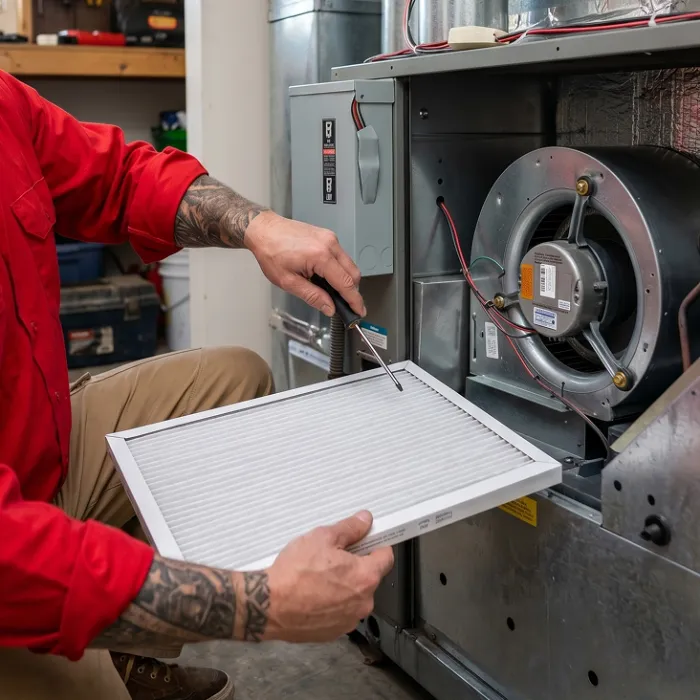 HVAC technician with tattooed arms replacing a square furnace air filter in a basement.