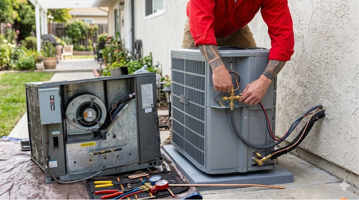 HVAC technician connecting refrigerant lines to a new outdoor air conditioner condenser unit.