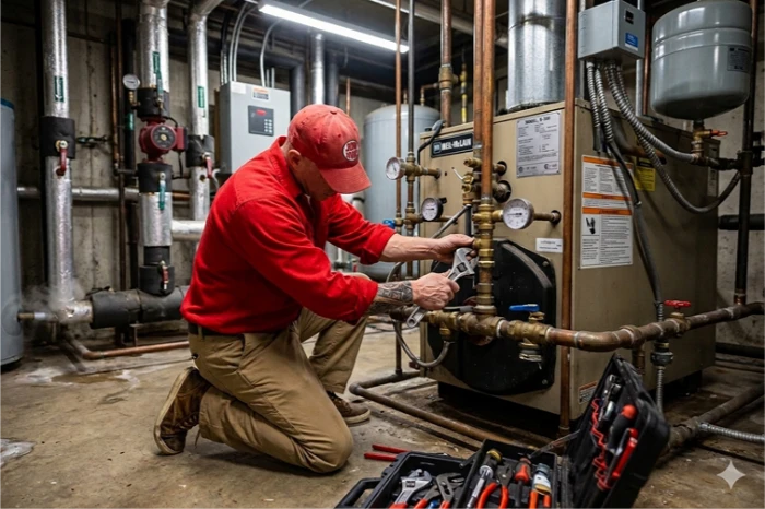 HVAC technician repairing a residential boiler heating system with tools.
