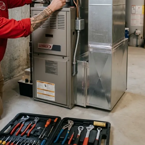 HVAC technician with tools servicing a modern grey Lennox gas furnace in a basement.