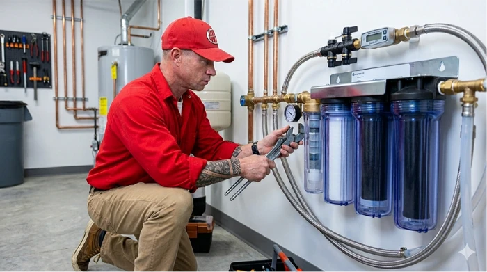 HVAC technician adjusting a pressure gauge on a hydronic boiler system.