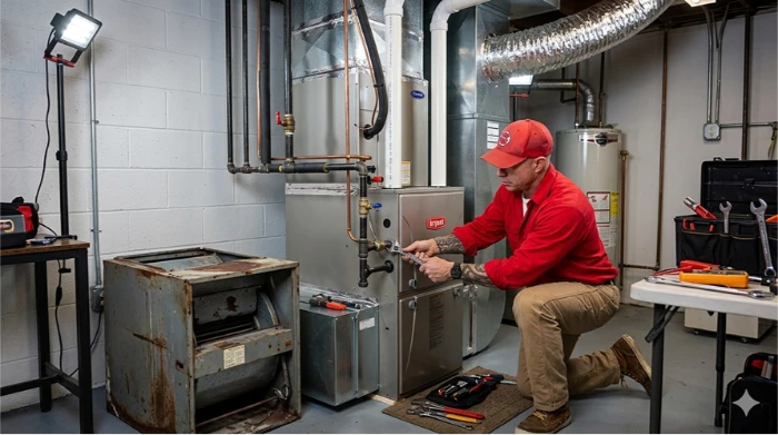 HVAC technician repairing a residential basement furnace and heating system.