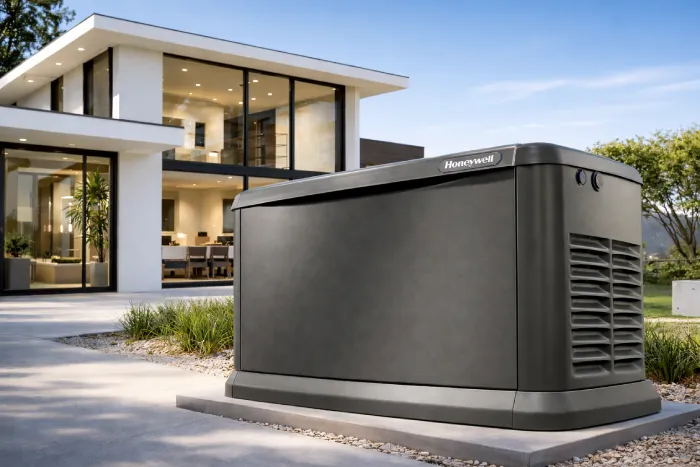 Modern dark gray whole-house standby generator installed outside a luxury modern home.