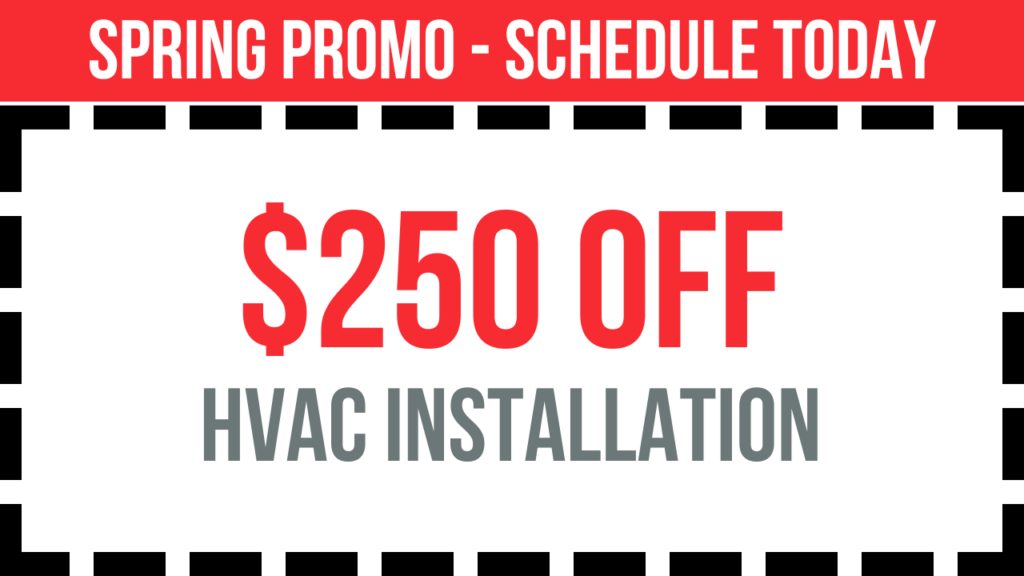 Digital coupon graphic offering a 250 dollar discount on a new HVAC installation.